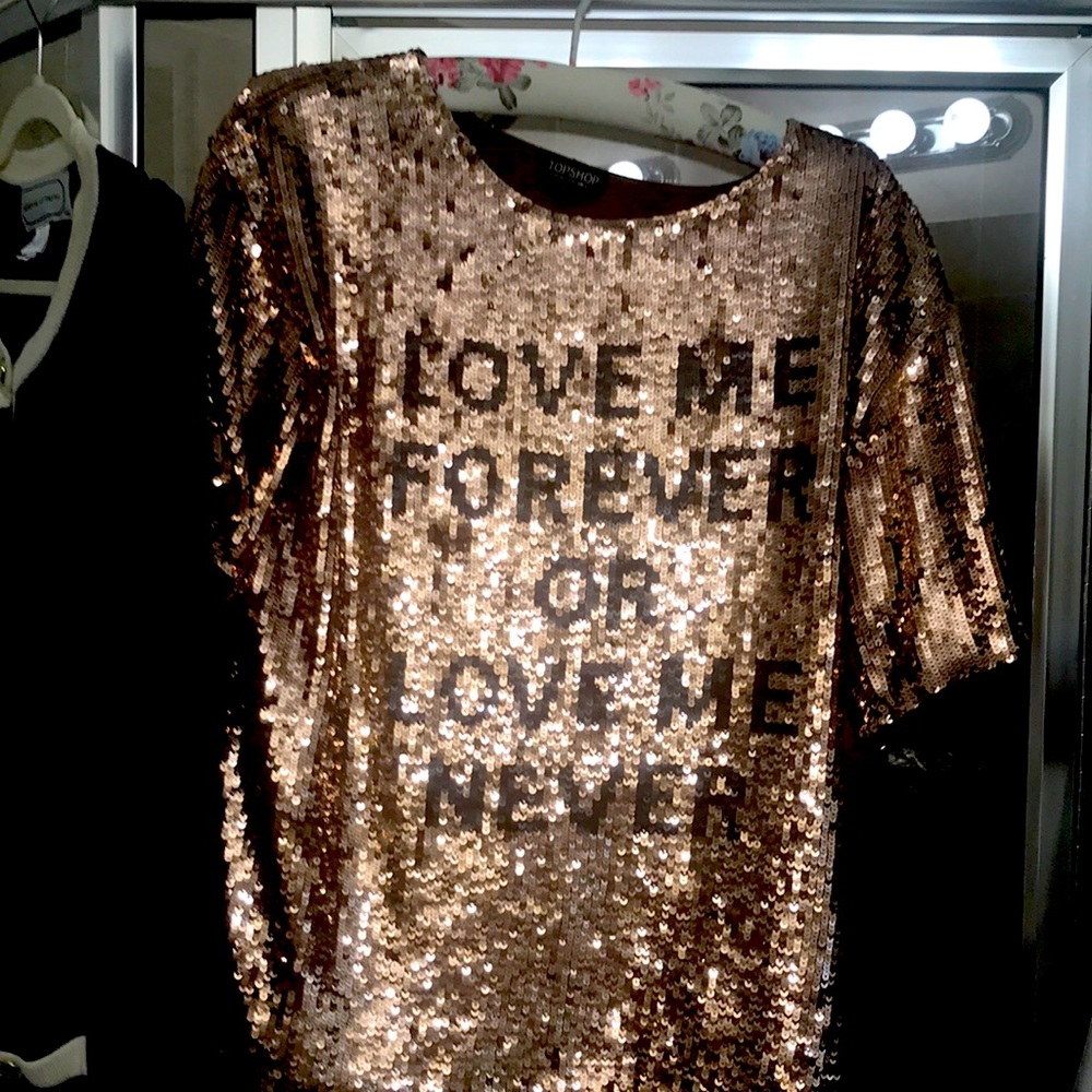 TOPSHOP beverly hills - sequin rose gold shirt -love me forever or love me never